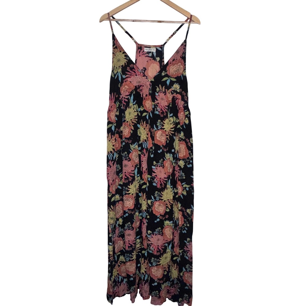 Natural Life Black Floral Boho Maxi Dress Women's XL Strappy V-Neck - Picture 2 of 5